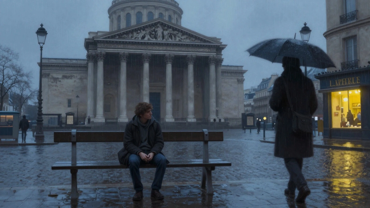 A lonely traveler sits on a bench near the Panthéon as a shadowy figure approaches in the rainy dusk.