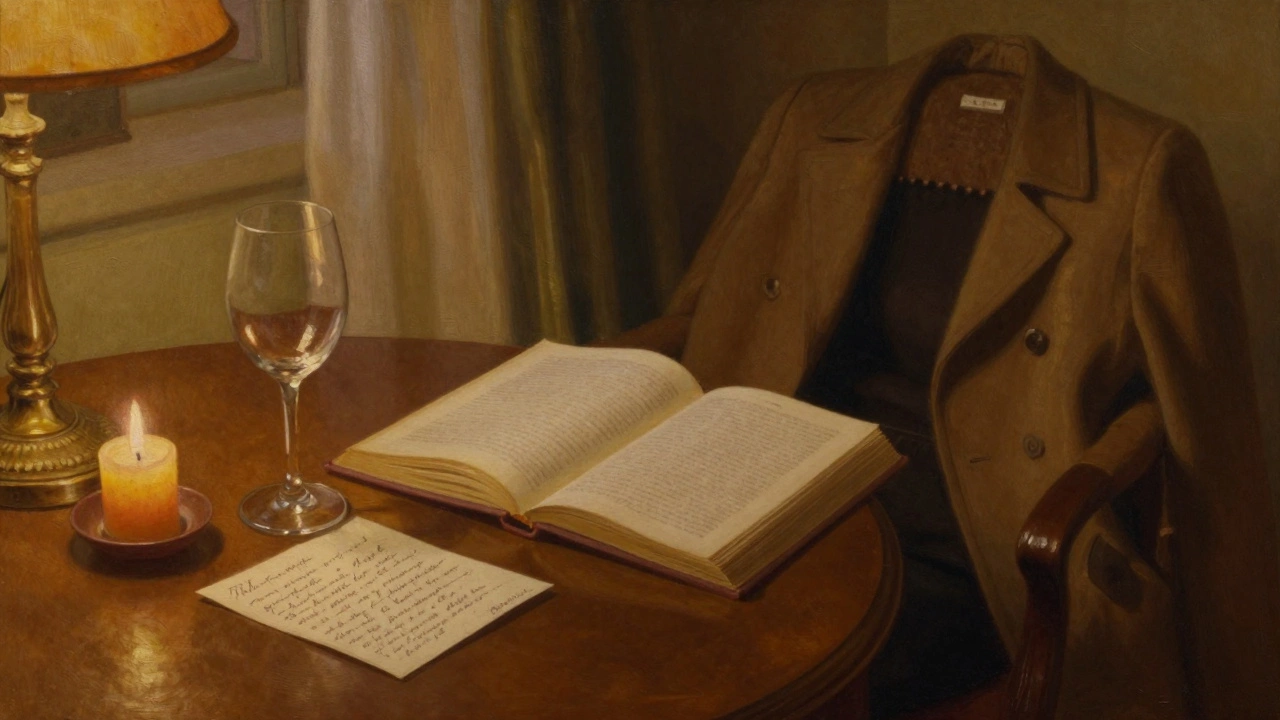 Cozy hotel room interior with an open book, wine glass, and candle in soft amber light.
