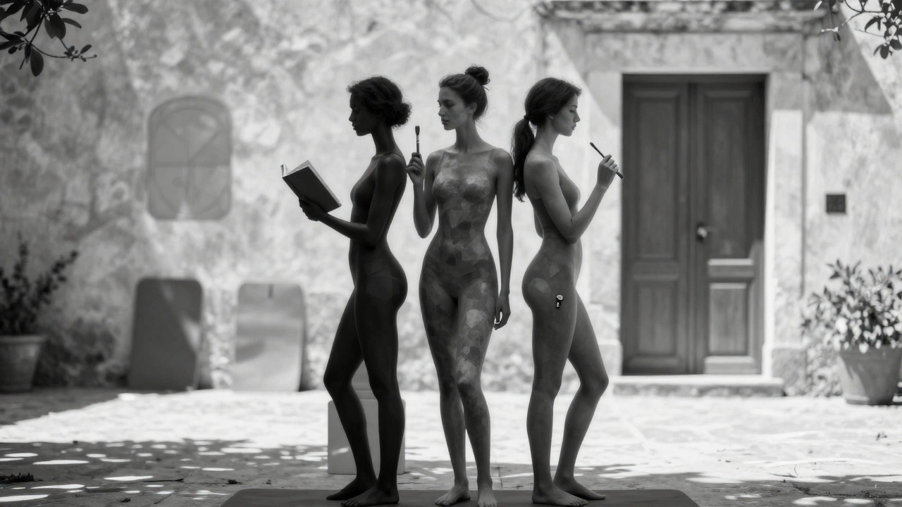 Three abstract female figures blending into a Provençal courtyard, symbolizing hidden identities.