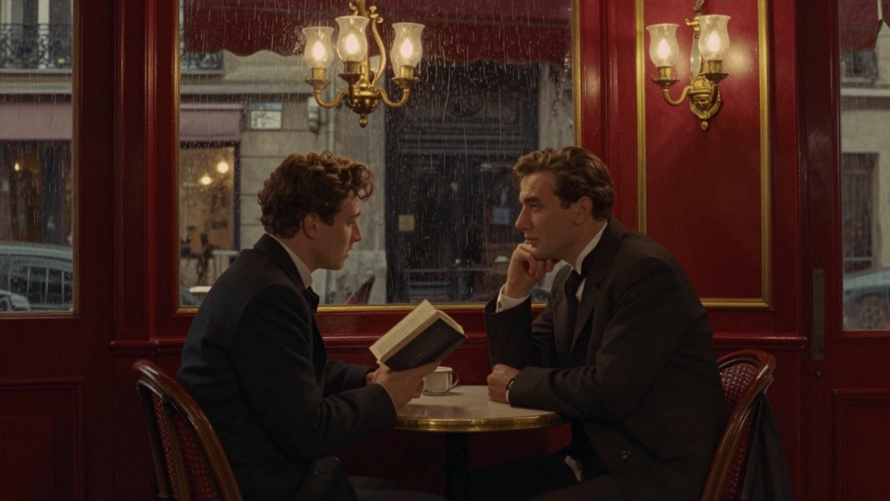 Two people share a quiet moment in a dimly lit Paris café, rain streaking the windows behind them.